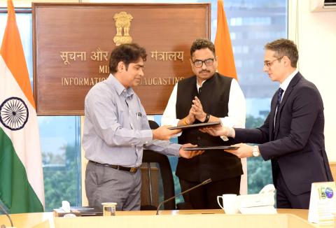 The Secretary, Ministry of Information and Broadcasting, Shri Sanjay Jaju witnessing the signing of MoU between National Film Development Corporation (NFDC) and Netflix India at Shastri Bhawan, in New Delhi on July 18, 2024.