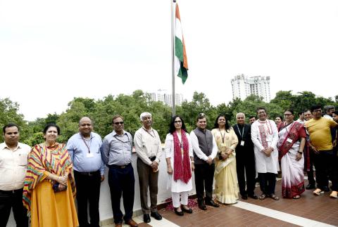 The Principal Director General, Press Information Bureau, Shri Dhirendra Ojha in a group photograph with the Senior officers and Staff of Press Information Bureau during the Flag hoisting event on the occasion of 78th Independence Day celebrations at National Media Centre, in New Delhi on August 15, 2024.