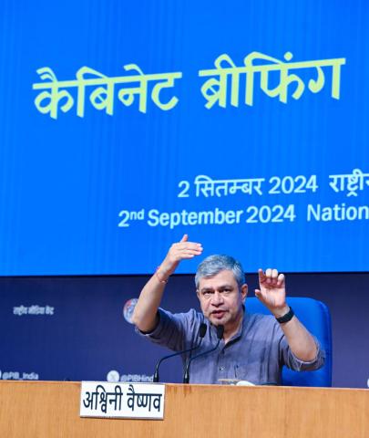 The Union Minister of Railways, Information and Broadcasting and Electronics and Information Technology, Shri Ashwini Vaishnaw briefing the media on Cabinet decisions at National Media Centre, in New Delhi on September 02, 2024.